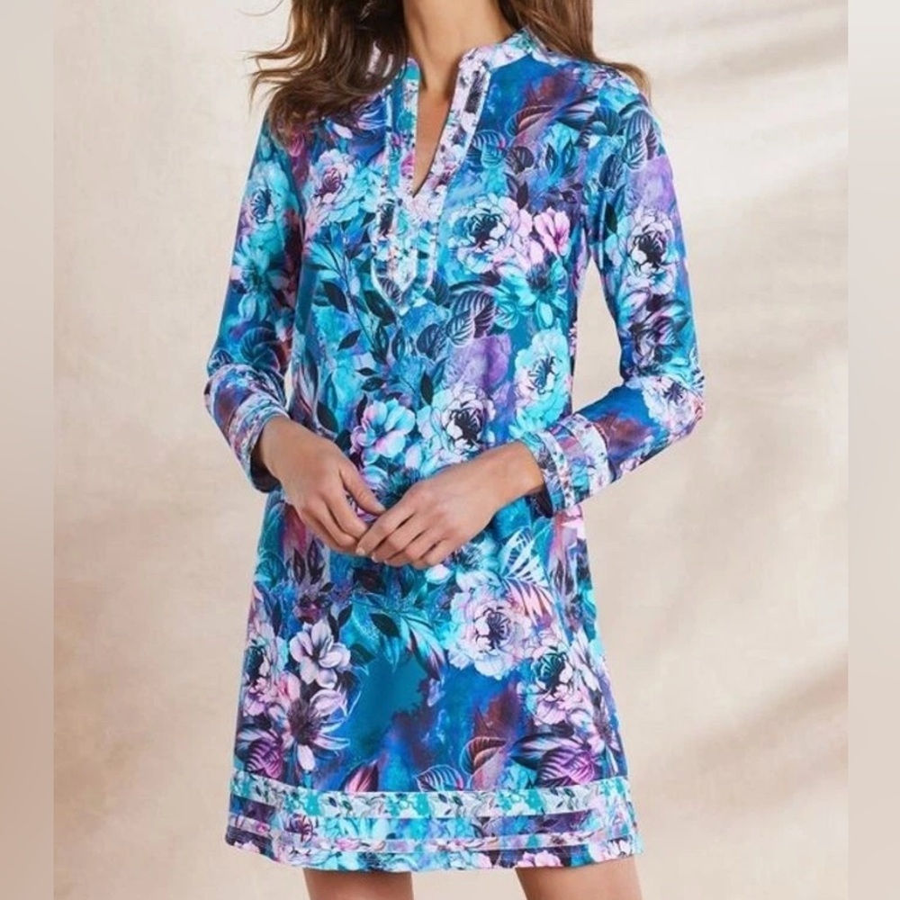 Soft Surroundings Moonlight Floral Jewell UPF Dress Large L Resortwear Golf Trav